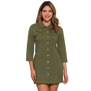 3/4 Sleeve Button Down Denim Shirt Dress Army Green